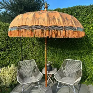 Balinese Round Bamboo Parasol – Coral and Gold