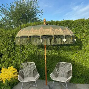 Balinese Round Bamboo Parasol – Olive Green and Gold