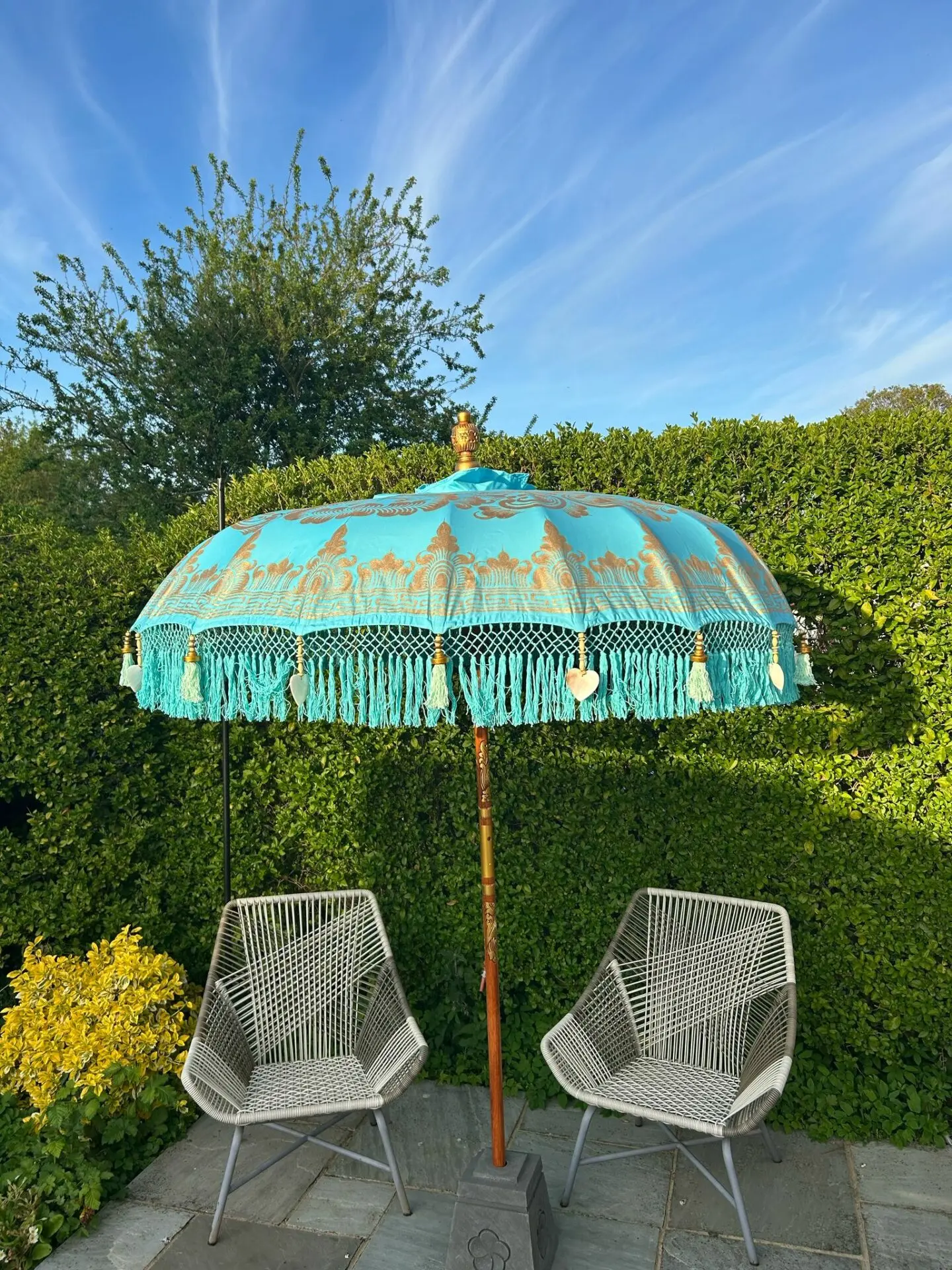 Balinese Round Bamboo Parasol – Aqua Blue and Gold