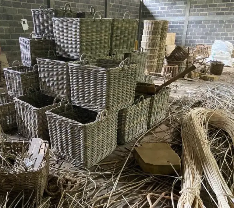 Wicker / Rattan baskets being made in a converted barn building